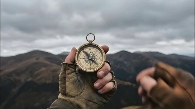 The image shows a person's hands wearing leather gloves holding a compass. The background features a mountain range under a cloudy sky.