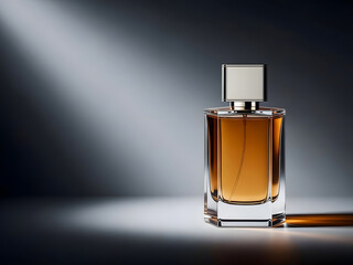 Luxurious perfume bottle with cap on dark background with spotlight