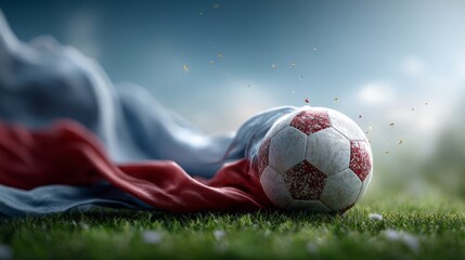 Naklejka premium Soccer Ball on Grass with Draped USA Flag in Photorealistic Style