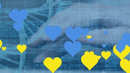 Animation of data processing and blue and yellow hearts over hands using laptop - Powered by Adobe