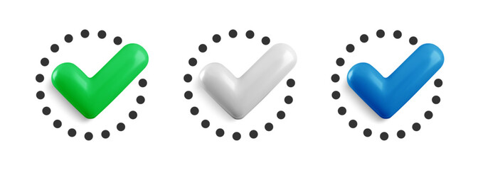 Vector realistic 3d Check mark in flat dotted circle icon set. Trendy plastic green, blue and white checkmark, select circle icon. Round yes button collection. 3d render tick sign for web, app, game.