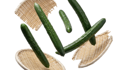 collection of fresh japanese cucumbers arranged artistically with rustic woven sieves, set against a stark transparent background for dramatic contrast and emphasis on natural produce.