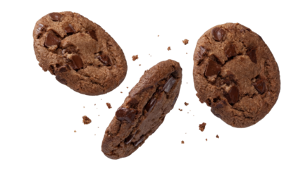 three delicious chocolate chip cookies with scattered crumbs, artfully presented on a transparent background for a sweet treat theme.