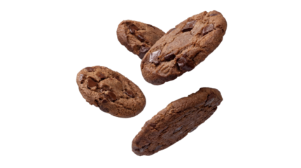 delicious chocolate chip cookies captured in mid-air, perfect for baking, dessert, or treat-themed content.
