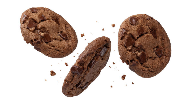 three delicious chocolate chip cookies with scattered crumbs, artfully presented on a transparent background for a sweet treat theme.