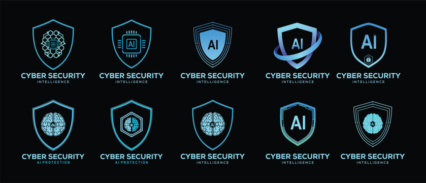 Collection Cyber ​​Security ai intelligence protection shield with circuit board lines cyber security and protection logo vector design concept. Artificial intelligence Protection Guard for big data, 