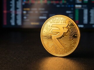 Golden coin with indian rupee currency symbol and circuit board pattern design background
