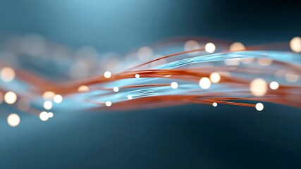 Luminous particles moving through a bundle of orange and blue fiber optic cables symbolizing the flow of digital data, communication, and high speed internet network technology in a modern world