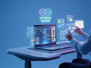 Person using futuristic holographic interface for hybrid work with data