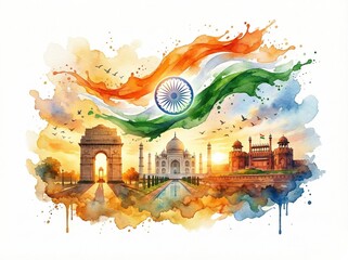 Indian tricolor flag with taj mahal and india gate watercolor art