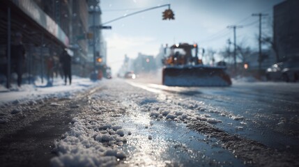 snowplow clearing snowy city street after snowfall