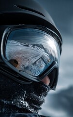 skier wearing goggles reflects snow covered mountains