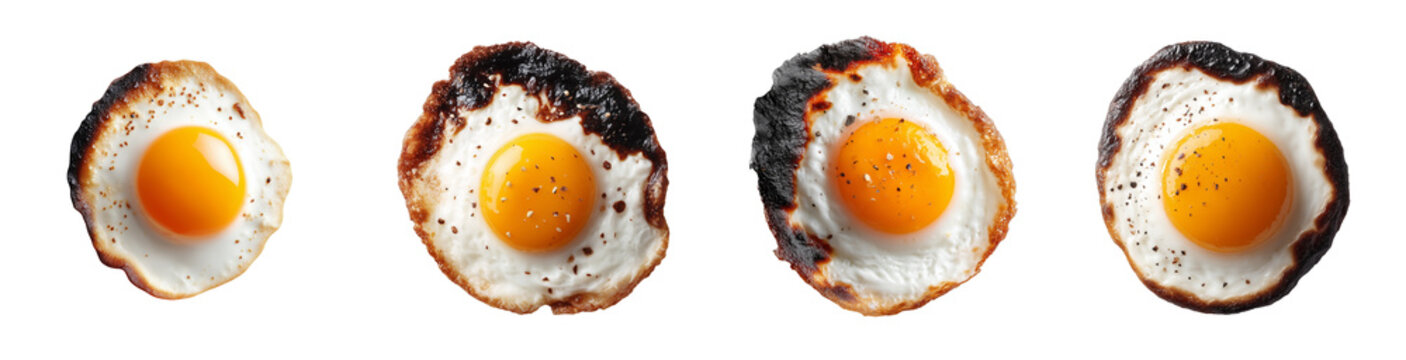 deeply burnt sunny side up fried egg, isolated on transparent background