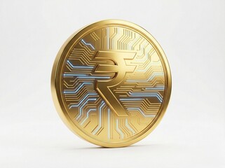 Golden digital coin with indian rupee symbol and circuit board isolated on white