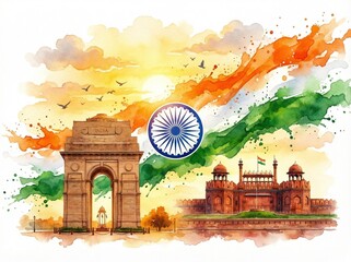 Indian tricolor flag with taj mahal and india gate watercolor art