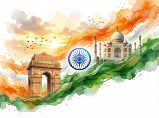 Indian tricolor flag with taj mahal and india gate watercolor art