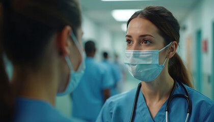 Two female nurses in blue scrubs talk in hospital corridor. One nurse wears a face mask and stethoscope. Blurred background shows medical staff working in a busy clinic.