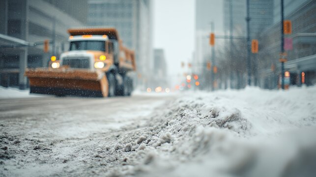 snow plow clearing city street after snowfall