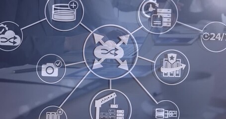 Animation of network of digital icons over mid section of businessman using laptop at office - Powered by Adobe