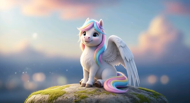 Cute winged unicorn pegasus sitting on stone with soft sky background