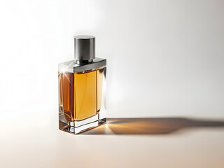 Luxury perfume bottle with golden liquid on a white background