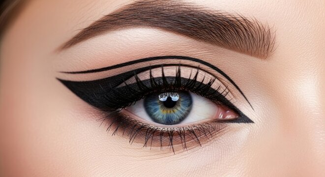 A woman's eye with black eyeliner and a white background.