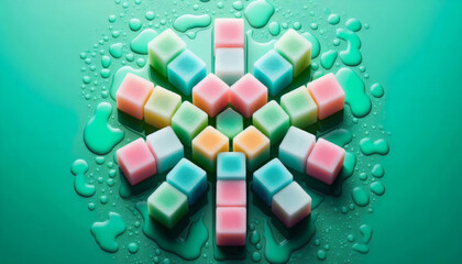 Bunte Zuckerw&uuml;rfel-Blume auf nasser Oberfl&auml;che