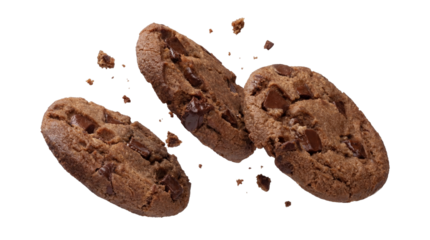 group of three chocolate chip cookies with visible dark chocolate chunks, isolated on black.