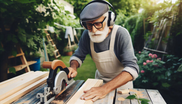 Ein &auml;lterer Mann mit Bart, Kappe und Kopfh&ouml;rern arbeitet konzentriert mit einer Kreiss&auml;ge an einem Holzbrett in einem Garten.