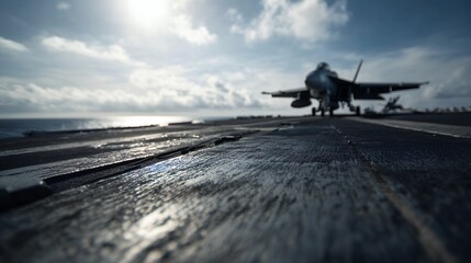 fighter jet prepares for takeoff on aircraft carrier