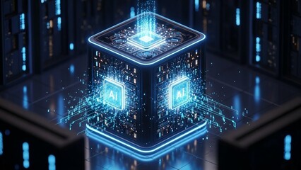 Futuristic Artificial Intelligence Processor Unit Emitting Glowing Digital Data Streams in a High-Tech Computing Environment