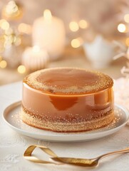 Caramel cake with smooth texture and glossy glaze displayed on a plate at a festive occasion