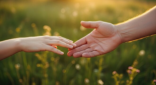 Two hands reaching out to each other in a field at sunset.