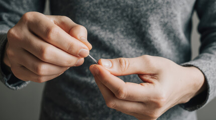 Close-up of hands holding a needle and thread, preparing for sewing, showcasing the intricate details of textile work and the art of crafting with precision and care