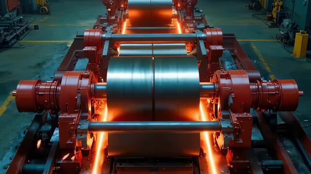 Hypnotic metal deformation process - glowing red-hot steel sheet compressed between rollers with flying sparks