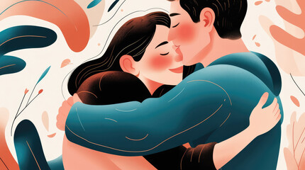 Embracing couple in a colorful illustration, showcasing love and affection, surrounded by abstract shapes and soft textures, capturing a warm and intimate moment of connection and joy