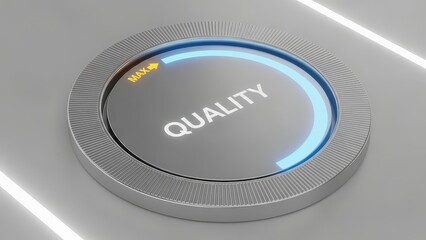 Close up of a futuristic metallic dial with the word quality illuminated in bright white light and a glowing blue arc indicating maximum setting on a minimalist
