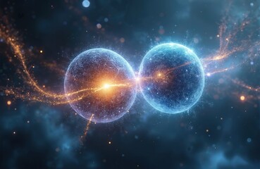 Obraz premium Abstract image shows proton neutron collision. Digital art cosmic quantum particle interaction. Illustration presents atomic power research. Photo visualizes splitting atoms physics with glowing