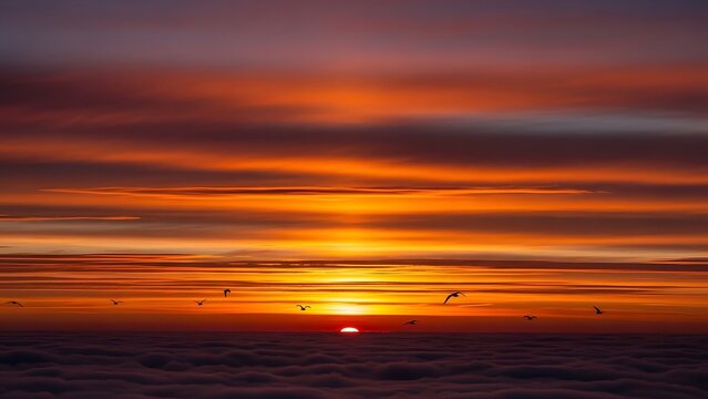 Sunset above sea of clouds with flock of birds flying across vibrant orange purple and blue sky - Powered by Adobe