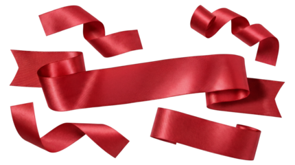 a collection of elegant red satin ribbons with folded ends and graceful curves, isolated on a transparent background, perfect for design elements and decorations.