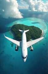 Airplane flies over tropical island with blue water lagoon. Plane tourism travel with sky clouds above and tropical island at ocean. Airplane concept for travel destination advertisement or vacation.