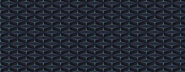 Dark geometric pattern with glowing teal lines vector illustration. © Md