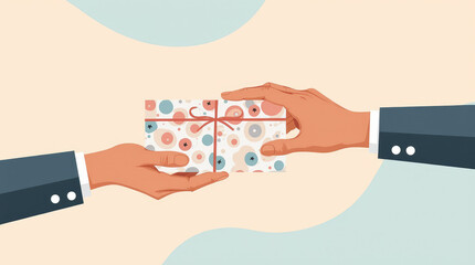 Hands exchanging a beautifully wrapped gift box adorned with colorful patterns, symbolizing celebration, generosity, and the joy of giving during special occasions and holidays