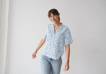 Mockup Of Woman In Customizable Short Sleeve Shirt