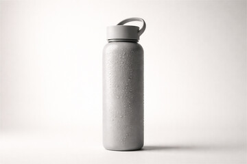 gray metallic insulated water bottle with visible condensation droplets on its surface cold refreshing hydration symbolizing sustainable active minimalist everyday wellness and travel
