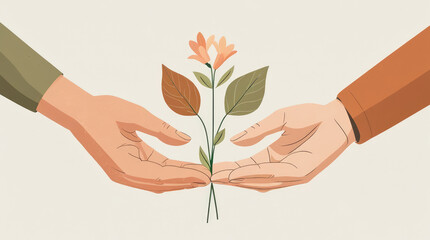 Two hands gently cradling a small plant with delicate flowers, symbolizing care, growth, and nurturing in a harmonious and supportive environment, showcasing the beauty of nature and connection