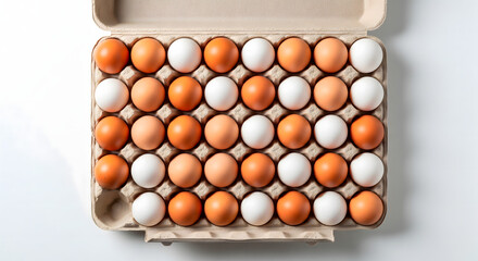 Obraz premium Fresh eggs in a carton, overhead shot on a white background