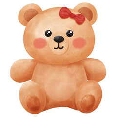 Cute Watercolor Sitting Teddy Bear with Red Bow Illustration: Adorable Baby Animal Character for Girls' Nursery and Baby Shower Design