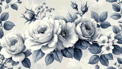 クラシックな花柄パターン（グレー＆ブルー）｜Classic Floral Pattern in Gray and Blue Tones