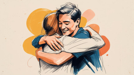 Two individuals embracing in a warm and joyful hug, surrounded by colorful abstract shapes, conveying feelings of love, friendship, and connection in a vibrant illustration style